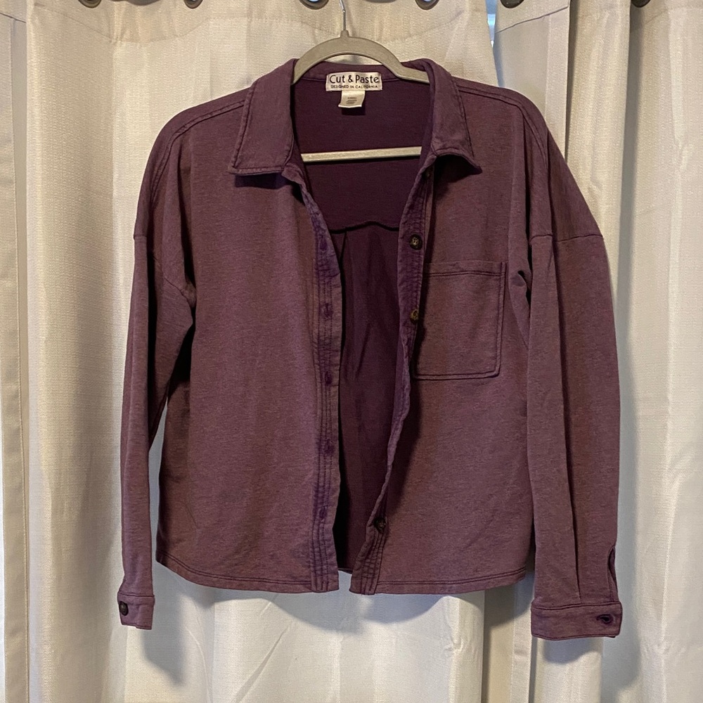 Cut & Paste Purple Women's Button Up Sweatshirt Jacket Shacket size xs oversized
